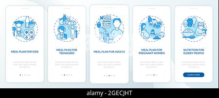 Meal plan for different age groups blue onboarding mobile app page screen Stock Vector