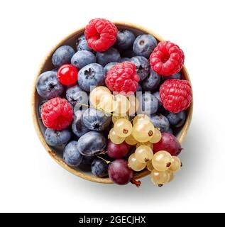 bowl of various fresh berries isolated on white background, top view Stock Photo