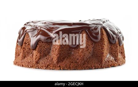 chocolate cake decorated with melted chocolate isolated on white background Stock Photo