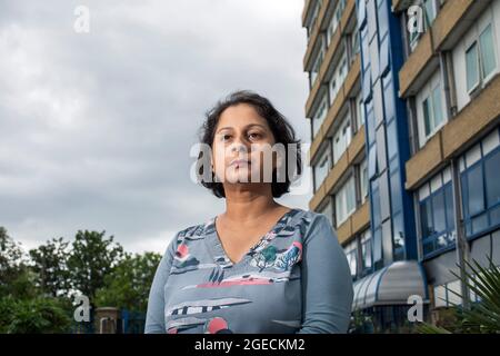 UK ,Kent,Bromley on 14 th of August: Ritu Saha the co-founder of the UK Cladding Action Group.She lives on the top floor of the Northpoint building. Stock Photo