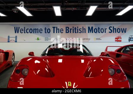 Red Ferrari sportscars displayed at The British Motor Show 2021. Stock Photo