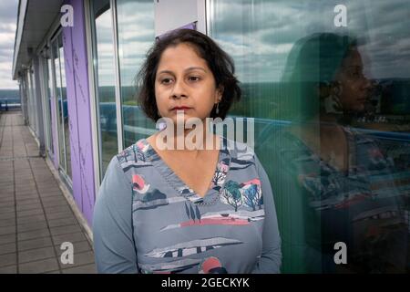 UK ,Kent,Bromley on 14 th of August: Ritu Saha the co-founder of the UK Cladding Action Group.She lives on the top floor of the Northpoint building. Stock Photo