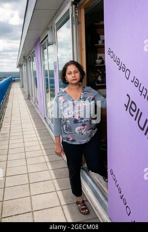 UK ,Kent,Bromley on 14 th of August: Ritu Saha the co-founder of the UK Cladding Action Group.She lives on the top floor of the Northpoint building. Stock Photo
