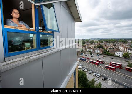 UK ,Kent,Bromley on 14 th of August: Ritu Saha the co-founder of the UK Cladding Action Group.She lives on the top floor of the Northpoint building. Stock Photo