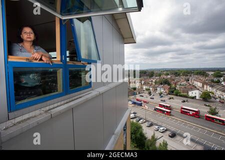 UK ,Kent,Bromley on 14 th of August: Ritu Saha the co-founder of the UK Cladding Action Group.She lives on the top floor of the Northpoint building. Stock Photo