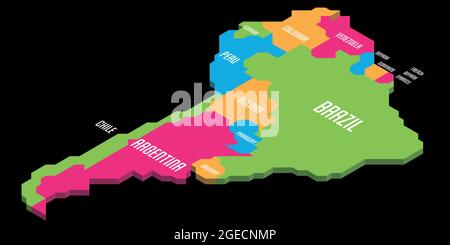 Isometric political map of South America. Colorful land with country name labels on white background. 3D vector illustration Stock Vector