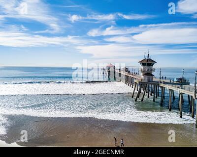 Elevated view of the beach and pier Huntington Beach, Orange County, California Stock Photo