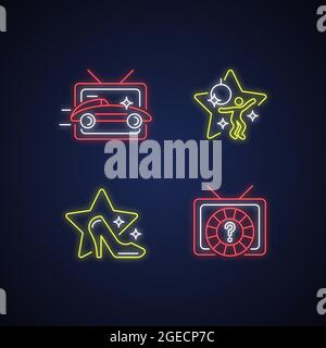 TV genres neon light icons set Stock Vector