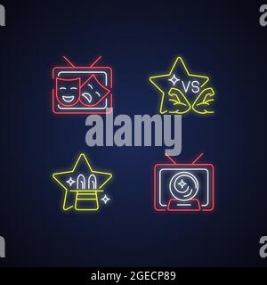 TV shows genres neon light icons set Stock Vector