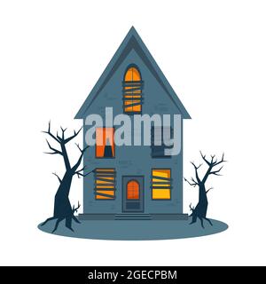 Scary haunted house and broken windows, Halloween horror house. Vector illustration in flat style Stock Vector