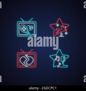 Television series genres neon light icons set Stock Vector