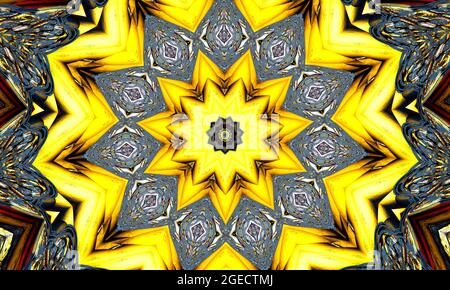 Sulphur yellow kaleidoscope. Seamless background from natural sulphur mineral. Hell pentagram Stock Photo