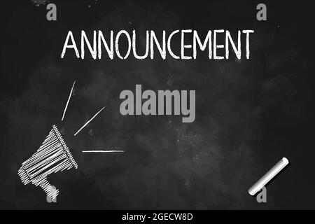 Announcement written  with white chalk on blackboard with  megaphone Mic  icon logo vector illustration Stock Vector