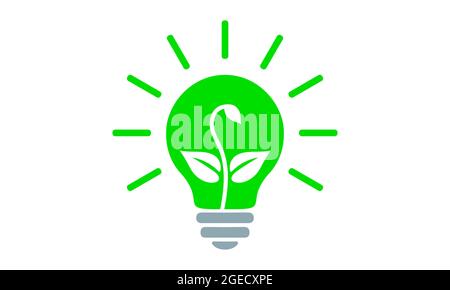 Green light bulb, flat icon. Electric lamp with rays and sprout growing inside, outline simple pictogram. Vector graphic design element, leaves and st Stock Vector