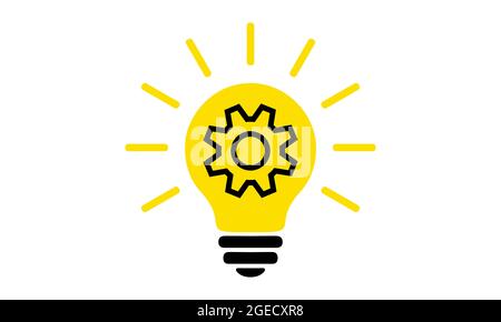 Yellow light bulb, flat icon. Lighting electric lamp with cogwheel (gear) inside and rays, simple pictogram. Vector graphic design element. Creative i Stock Vector