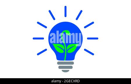 Blue light bulb, flat icon. Electric lamp with rays and green sprout growing inside, outline simple pictogram. Vector graphic design element, leaves a Stock Vector