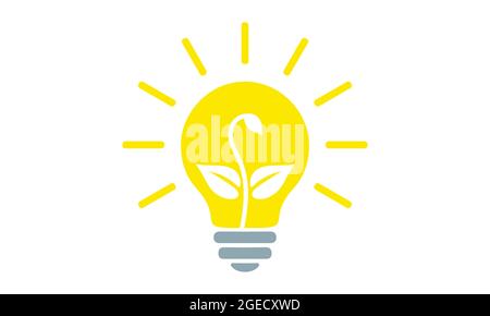 Yellow light bulb, flat icon. Electric lamp with rays and sprout growing inside, outline simple pictogram. Vector graphic design element, leaves and s Stock Vector