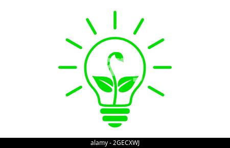 Green light bulb, linear flat icon. Electric lamp with rays and sprout growing inside, outline simple pictogram. Vector graphic design element, leaves Stock Vector
