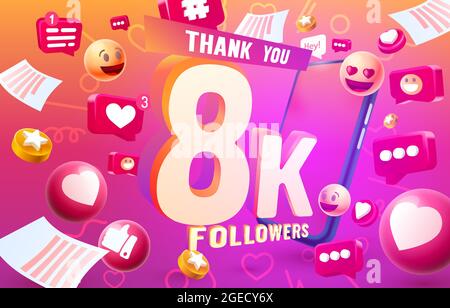 Thank you followers peoples, 8k online social group, happy banner celebrate, Vector illustration Stock Vector