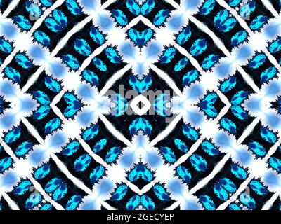 Seamless repeating pattern with geometric floral shapes in different shades of light blue on white background. Stock Photo