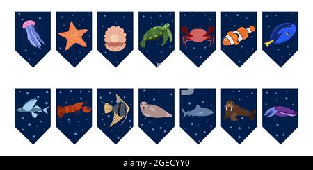 Flags garland for birthday party with sea animals on colorful dark blue background. Jellyfish, turtle and crab, shark. Hand drawn kid illustration. Vector bunting design set. Stock Vector