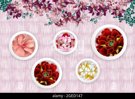3d floral mural wallpaper . flowers in white circles in light background. Stock Photo
