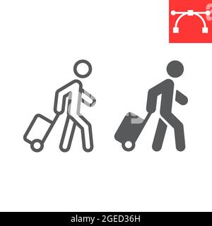 Person pulling luggage line and glyph icon, migration and tourist, passenger with rolling bag vector icon, vector graphics, editable stroke outline Stock Vector