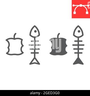 Organic waste line and glyph icon, apple core and fish skeleton, food waste vector icon, vector graphics, editable stroke outline sign, eps 10. Stock Vector