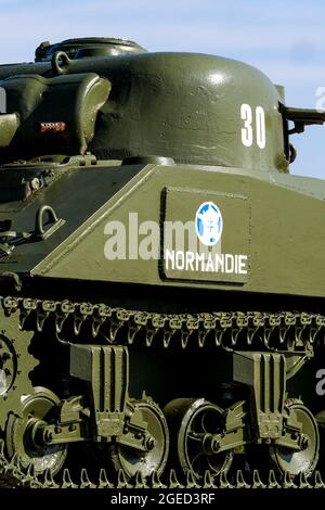 Sherman tank 'Normandie', 2nd French Armored Division Landings Monument, Manche department, Cotentin, Normandy region, France Stock Photo