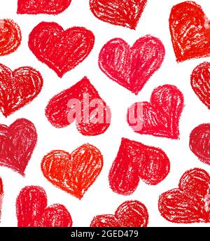 Red heart seamless pattern. Oil pastel painting. Grunge hearts on white background. Stock Photo