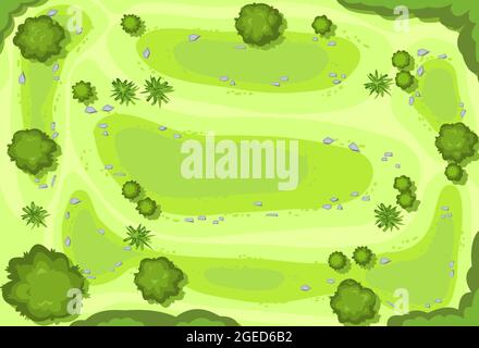 Hilly lawn in the forest. Hills. View from above. Countryside rural landscape. Green foliage of trees and shrubs. Top view. Background illustration in Stock Vector