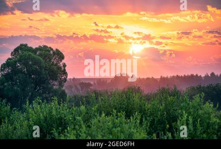 Colorful sunrise in rural with a sun shining above treetops. Lush vegetation, clouds colored red, yellow, orange. Scenic view, travel, admiring, touri Stock Photo