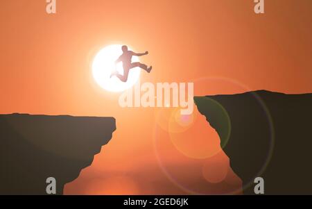 Businessman Goal and success concept Idea. Man Jumping Over the Cliff in In Front Of The Sun Light. Sunset background.. Courageous Young person Jumps Stock Photo