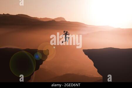 Businesswoman Goal and success concept Idea. Girl Jumping Over the Cliff in Mountain Sunset background. Brave and Courageous Young Woman Jumps between Stock Photo