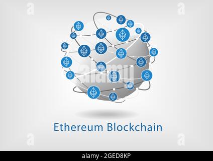 Ethereum powered blockchain as concept for crypto currency. Vector illustration of connected globe with bitcoin symbols. Stock Vector