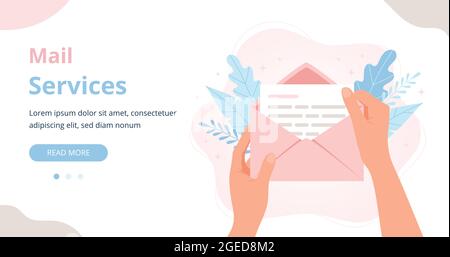 Mail services concept. Hands holding envelope with letter. Banner template vector illustration in flat cartoon style. Stock Vector