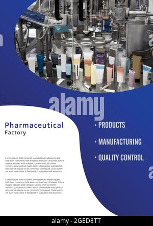 Pharmaceutical industry template design in A4 size. Cosmetic filling factory business report leaflet book cover and brochure. Stock Vector