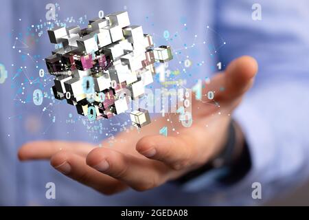 Data cloud storage network from lines, triangles and particle style design. Stock Photo