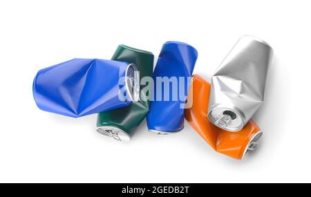 Crumpled cans of soda on white background Stock Photo