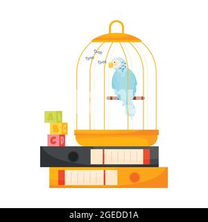Parrot cage and cactus on books pile. Education concept. Reading concept. Vector illustration. Stock Vector