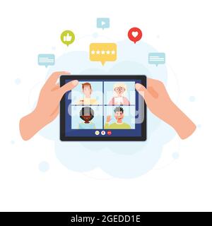 Hands holding tablet with online meeting conference chat. Video chat concept with notification bubbles. Vector illustration. Stock Vector