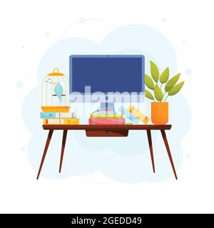 Kids home workplace concept. Wide screen desktop on the table. Vector illustration. Stock Vector