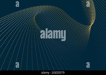 Abstract 2D digital artwork with a wave-like shape constructed of yellow dots on a blue background Stock Photo