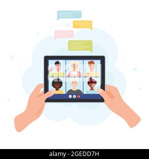 Hands holding tablet with online meeting conference chat. Video chat concept with notification bubbles. Vector illustration. Stock Vector