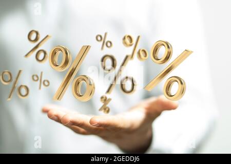 3d rendering of Percent signs and symbols in hands Stock Photo