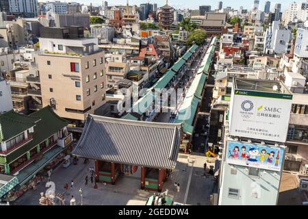 The Sensoji Buddhist temple, Thunder Gate, Nakamise dori shopping street and the five-storied pagoda in Asakusa, Tokyo, Japan. Stock Photo