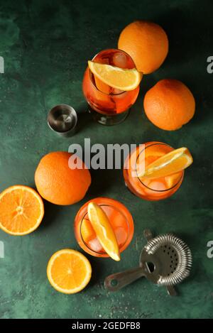 Composition with tasty aperol spritz cocktail on color background Stock Photo