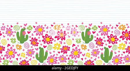 Vector cute cactus and daisy flowers horizontal border pattern. Suitable for decorating posters and graphic design projects. Stock Vector