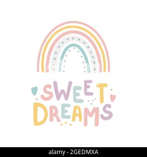 Rainbow boho style Sweet dreams lettering card Hand drawn lettering quote in cute calligraphy style. Slogan for print and poster design. Vector illust Stock Vector