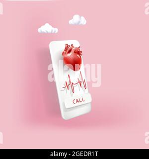 Online Medical Application 3d. In The Foreground Is A Large Smartphone. On the phone screen, there is an application with medical records. Stock Vector